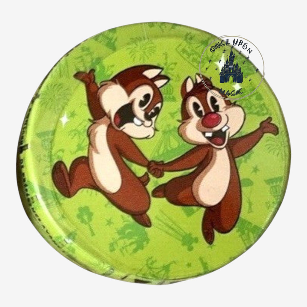 Once Upon Magic Disney Chip 'n' Dale collectible pin with green background and fireworks motif.