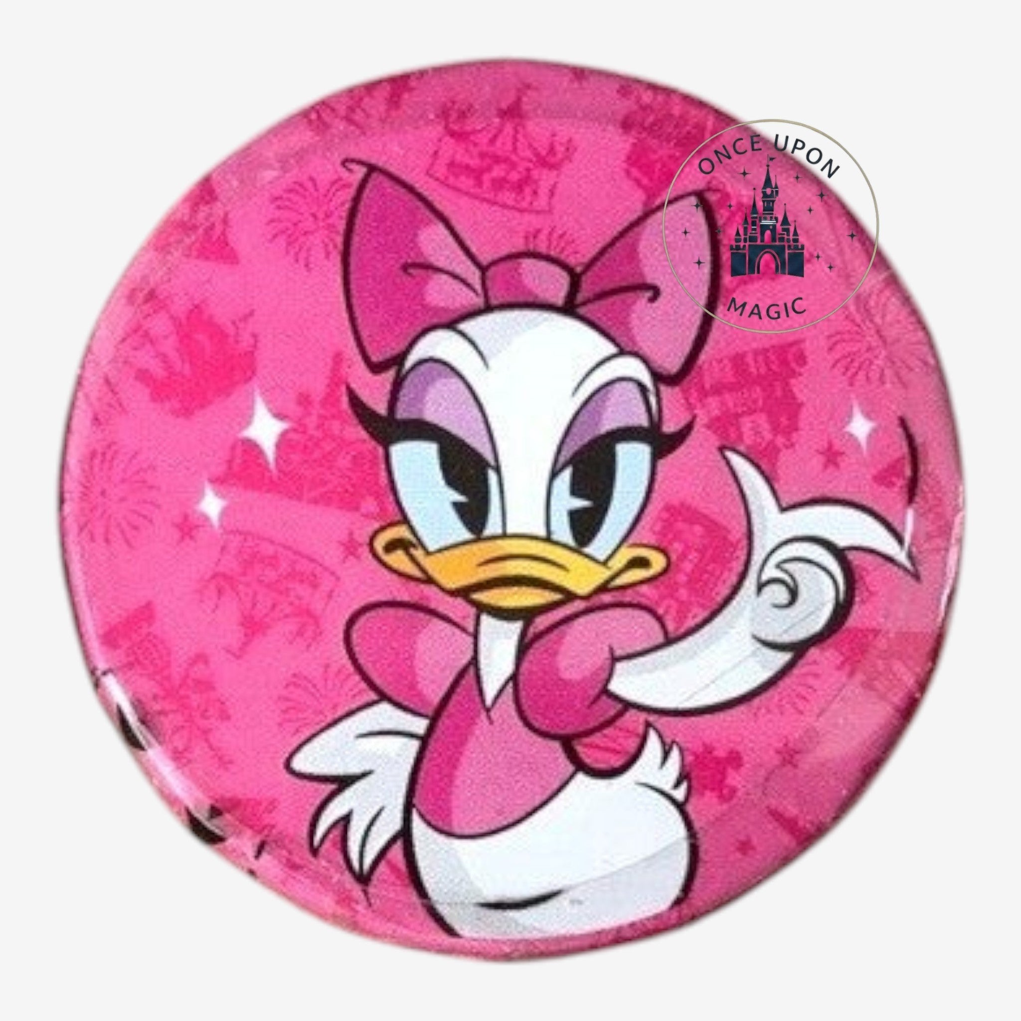 Once Upon Magic pink candy tin featuring Daisy Duck in a pink dress and bow, with a subtle castle and firework pattern.