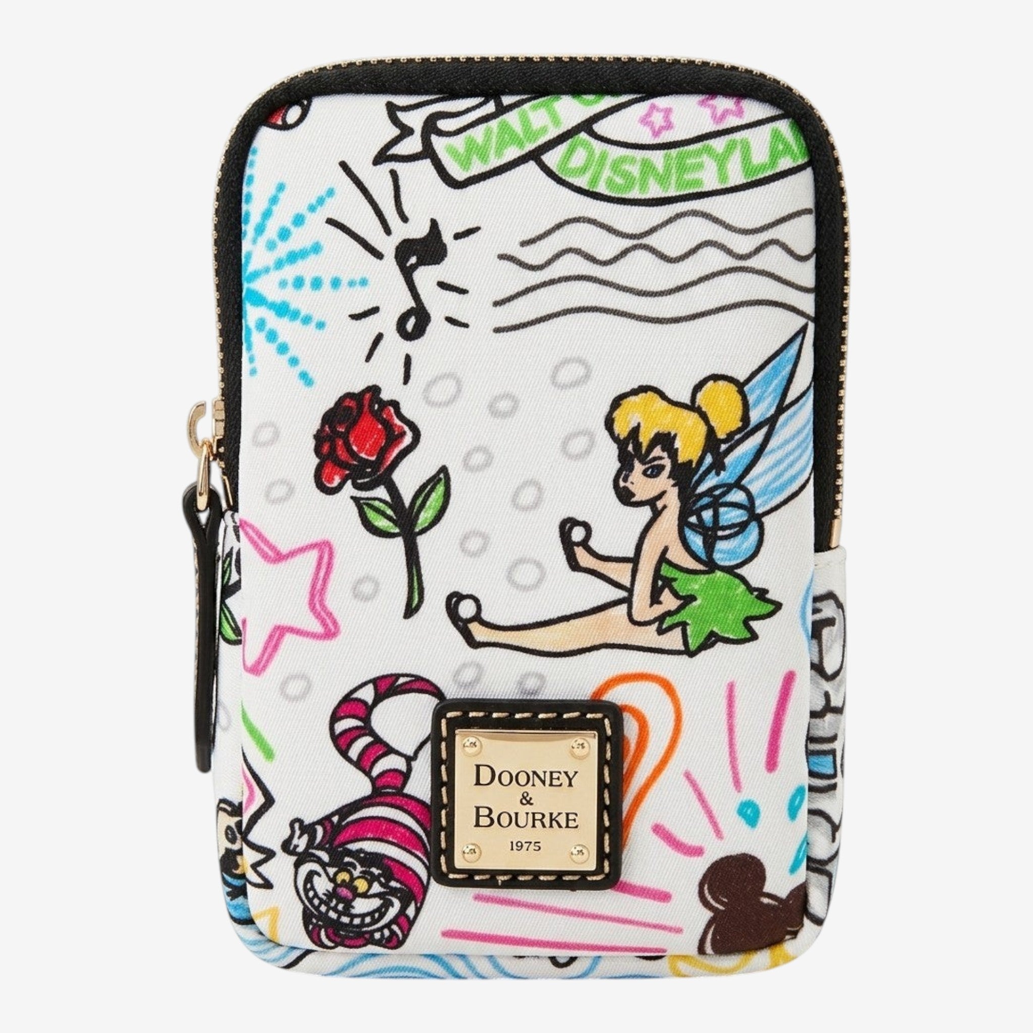Once Upon Magic Petite Pochette Bijoux Dooney & Bourke – Disneyland Paris. White canvas pouch with colorful Disney character sketches and gold zipper.