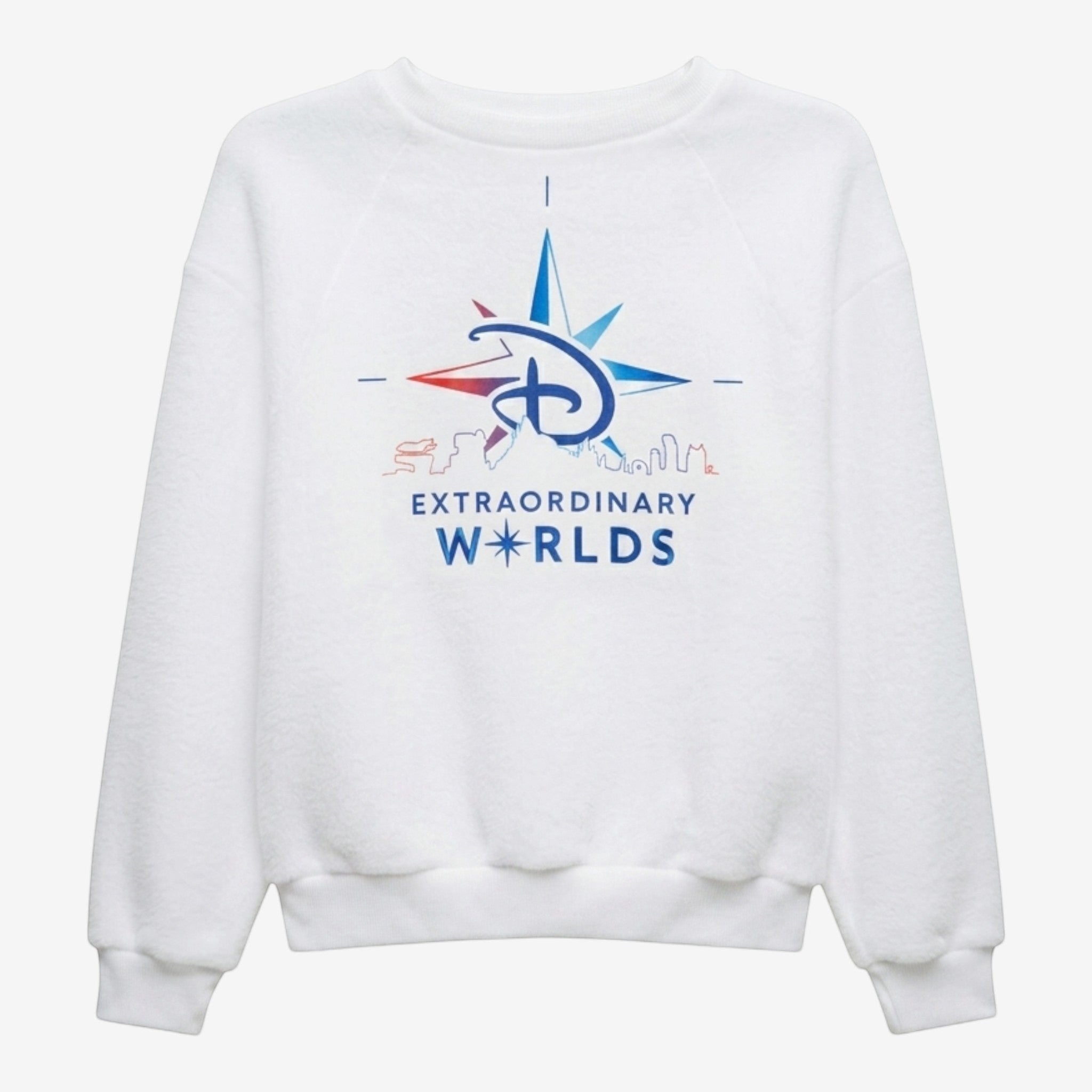 Once Upon Magic white crewneck sweatshirt with "Extraordinary Worlds" Disney logo and compass graphic. Unisex fit.