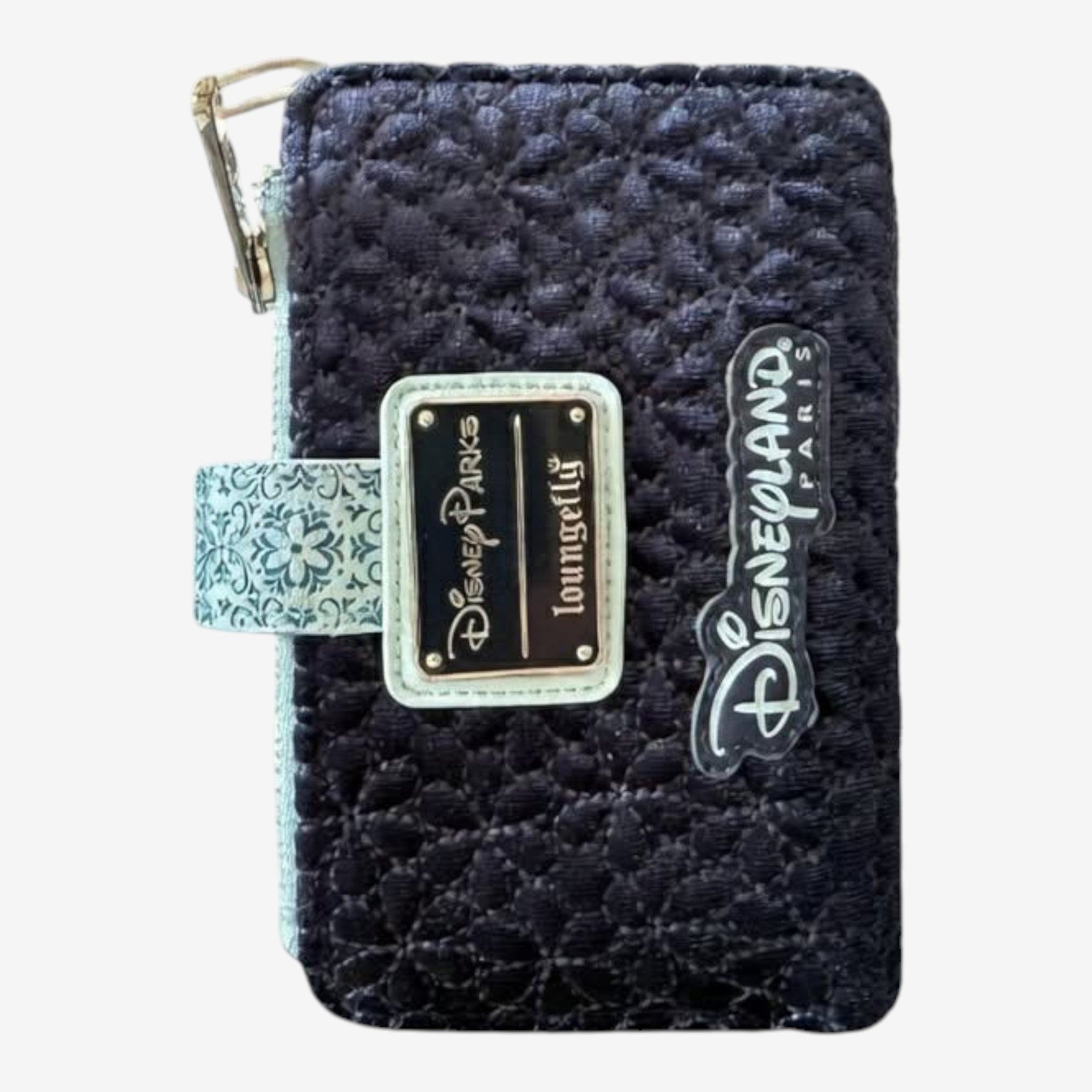 Once Upon Magic blue night quilted wallet with Anna & Elsa floral embroidery and Disneyland Paris detail.