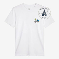 Once Upon Magic white cotton t-shirt with embroidered Goofy and Donald Duck on the chest. Classic crew neck, short sleeves.