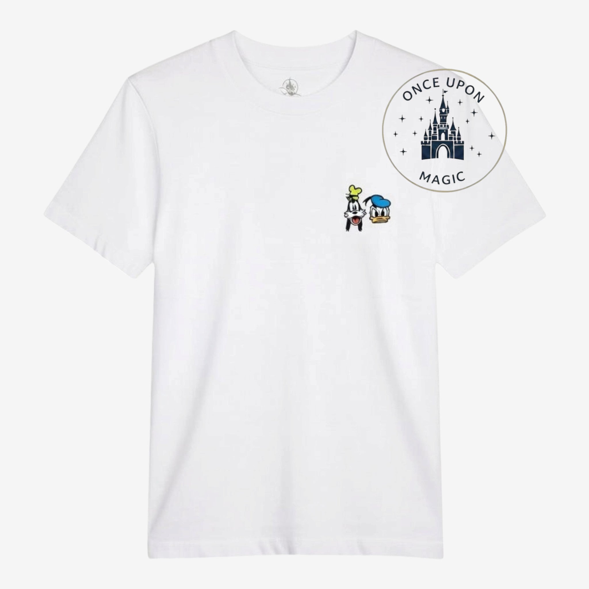 Once Upon Magic white cotton t-shirt with embroidered Goofy and Donald Duck on the chest. Classic crew neck, short sleeves.