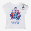 Once Upon Magic white short sleeve t-shirt featuring a vibrant Disney Extraordinary Worlds character graphic print.