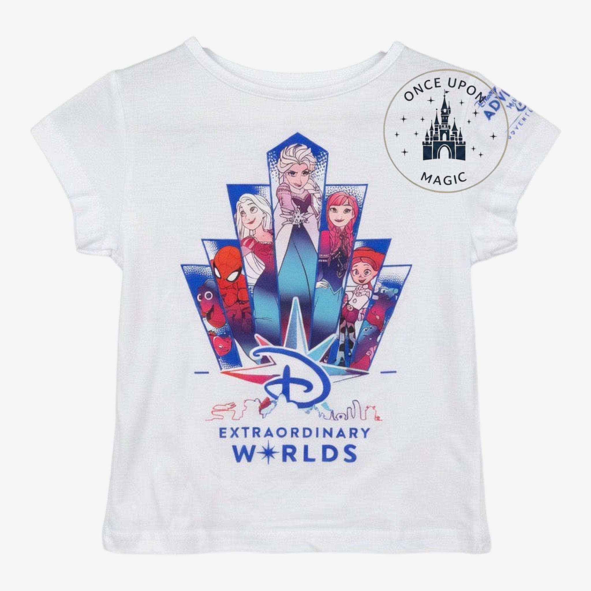 Once Upon Magic white short sleeve t-shirt featuring a vibrant Disney Extraordinary Worlds character graphic print.