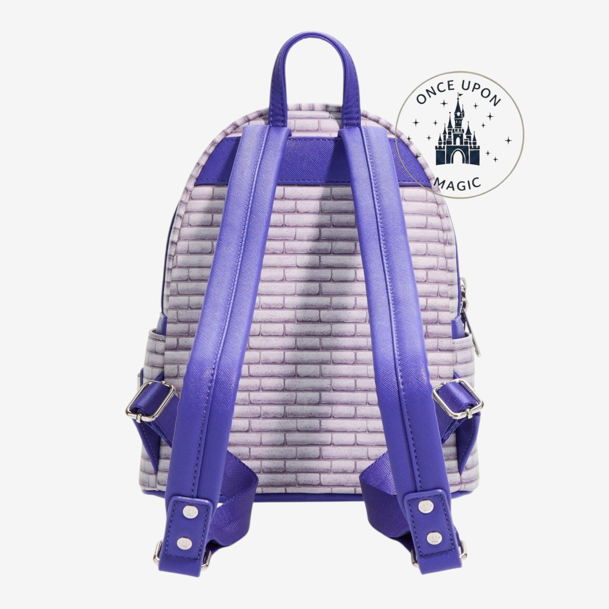 Once Upon Magic Disney Hunchback of Notre Dame stained glass mini backpack with purple straps and brick pattern.