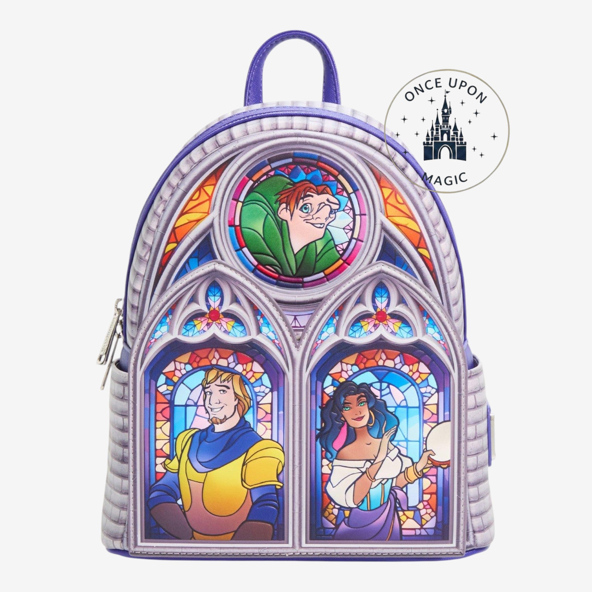 Once Upon Magic Disney Hunchback of Notre Dame stained glass mini backpack with Quasimodo, Phoebus, and Esmeralda.
