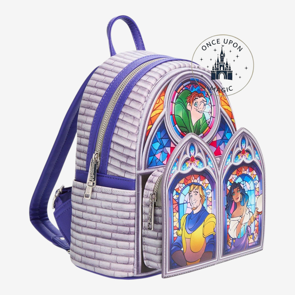 Once Upon Magic Disney Hunchback of Notre Dame stained glass mini backpack with Quasimodo, Phoebus, and Esmeralda.