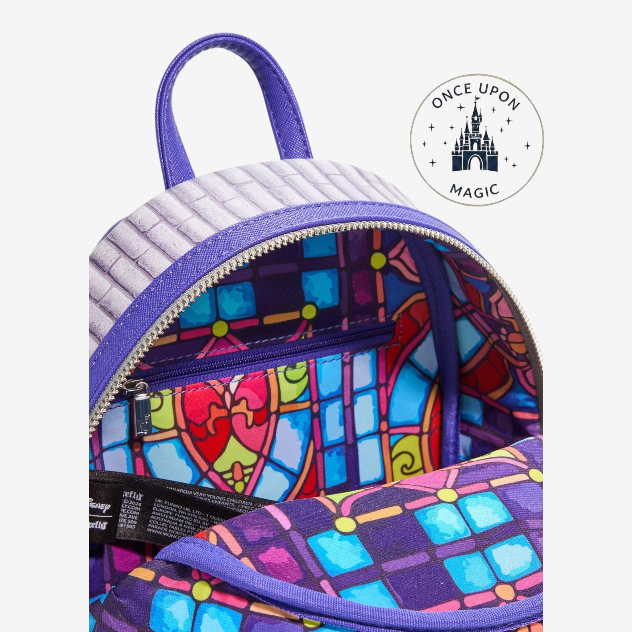 Once Upon Magic Disney Hunchback of Notre Dame stained glass mini backpack with purple trim and brick exterior.