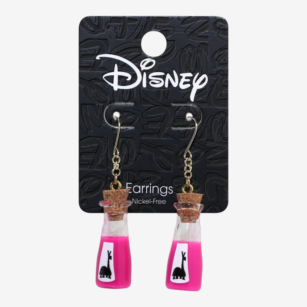 Once Upon Magic Disney Kuzco Emperor's New Groove llama potion bottle drop earrings with pink liquid and cork stoppers.