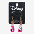 Once Upon Magic Disney Kuzco Emperor's New Groove llama potion bottle drop earrings with pink liquid and cork stoppers.