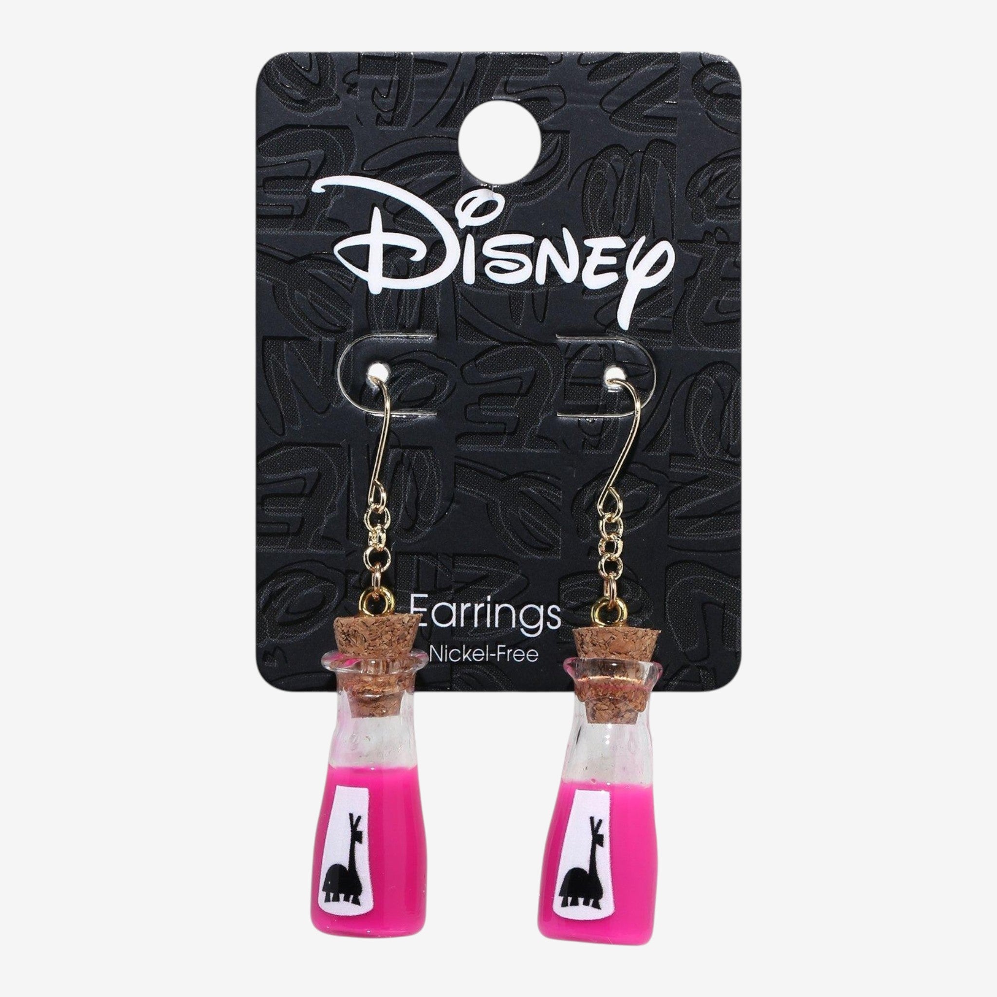 Once Upon Magic Disney Kuzco Emperor's New Groove llama potion bottle drop earrings with pink liquid and cork stoppers.