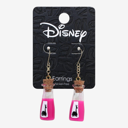 Once Upon Magic Disney Kuzco Emperor's New Groove llama potion bottle drop earrings with pink liquid and cork stoppers.