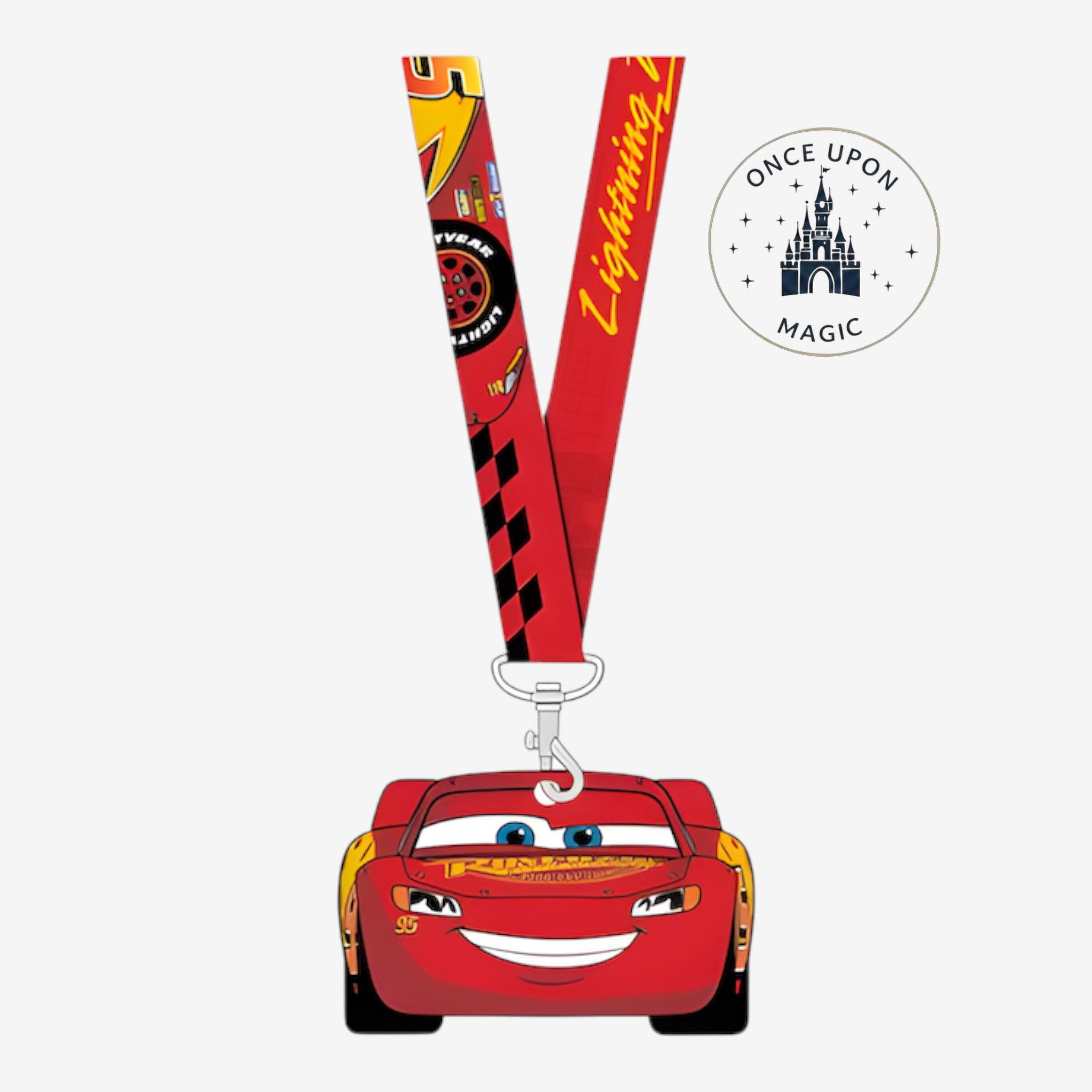 Once Upon Magic red lanyard with Lightning McQueen graphic and attached car-shaped pouch, Disneyland Paris souvenir.