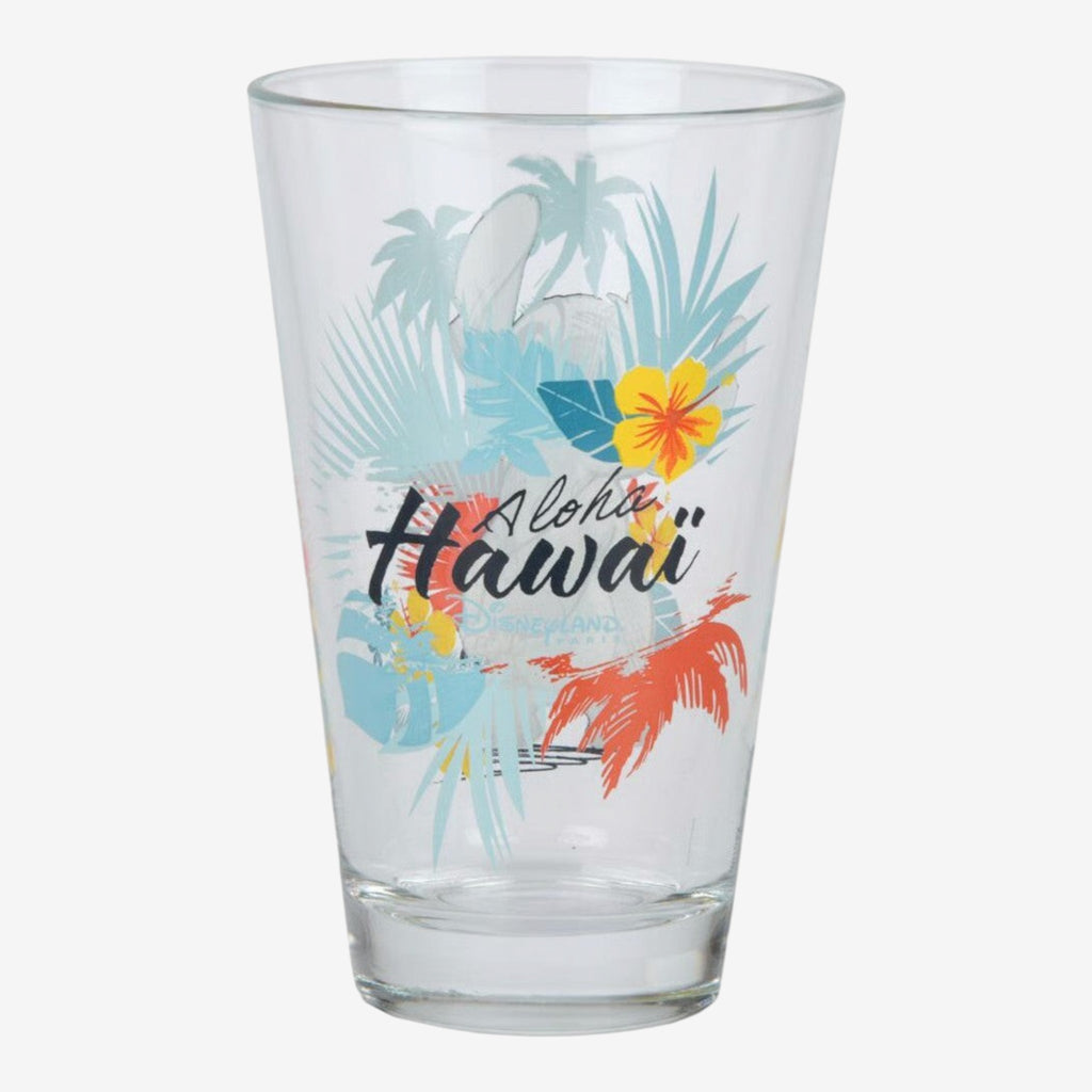 Once Upon Magic Disney Lilo & Stitch Aloha Hawaii glass with palm trees and hibiscus flowers. Clear glass.