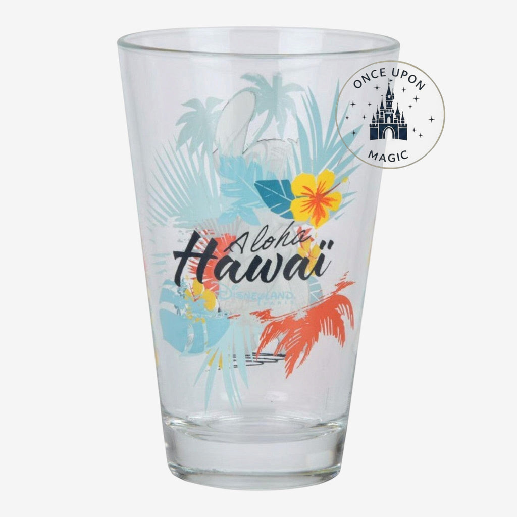 Once Upon Magic Disney Lilo & Stitch Aloha Hawaii glass with palm trees and hibiscus flowers. Clear glass.