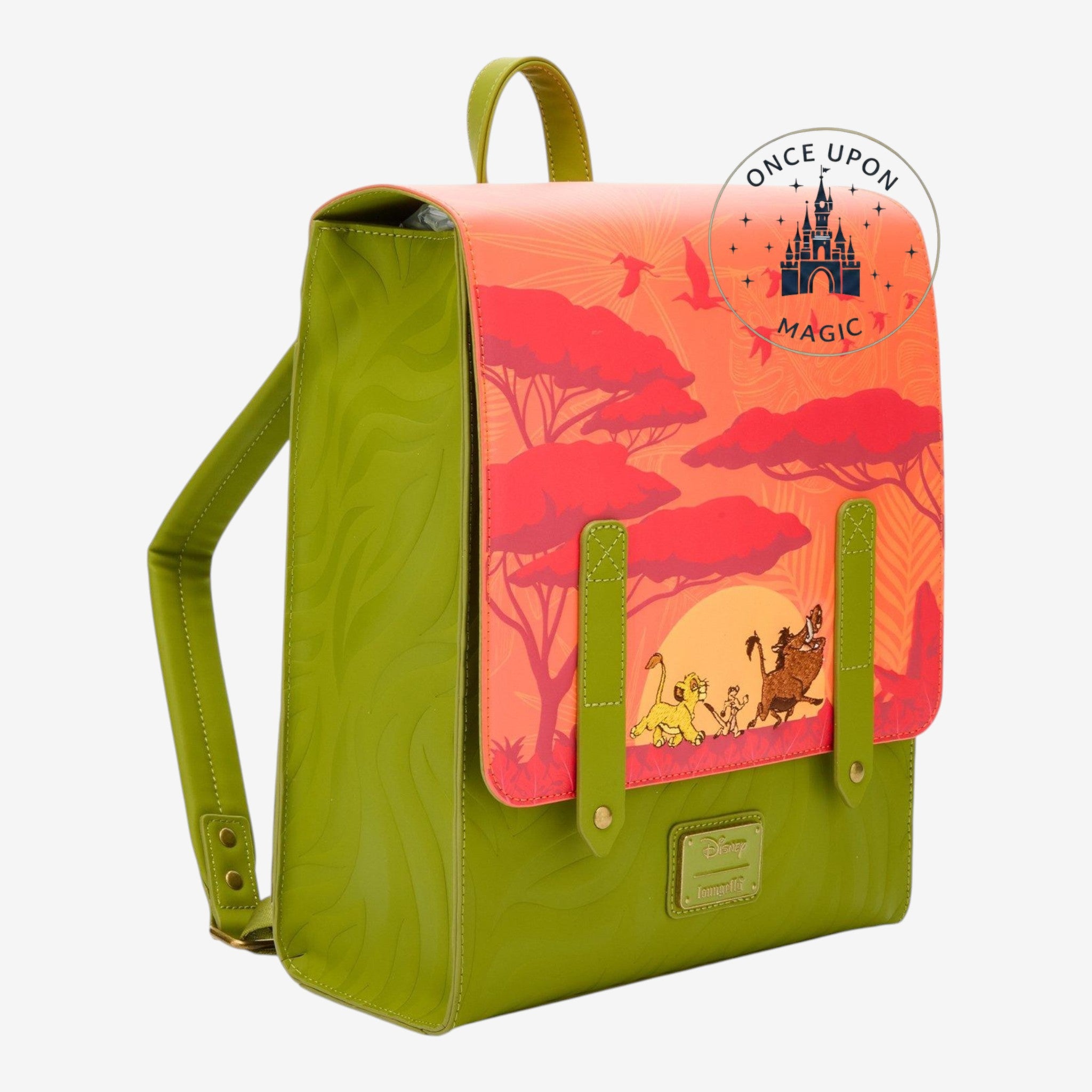 Once Upon Magic Disney The Lion King Simba Timon & Pumbaa mini backpack, green faux leather with embossed texture and embroidered graphic.