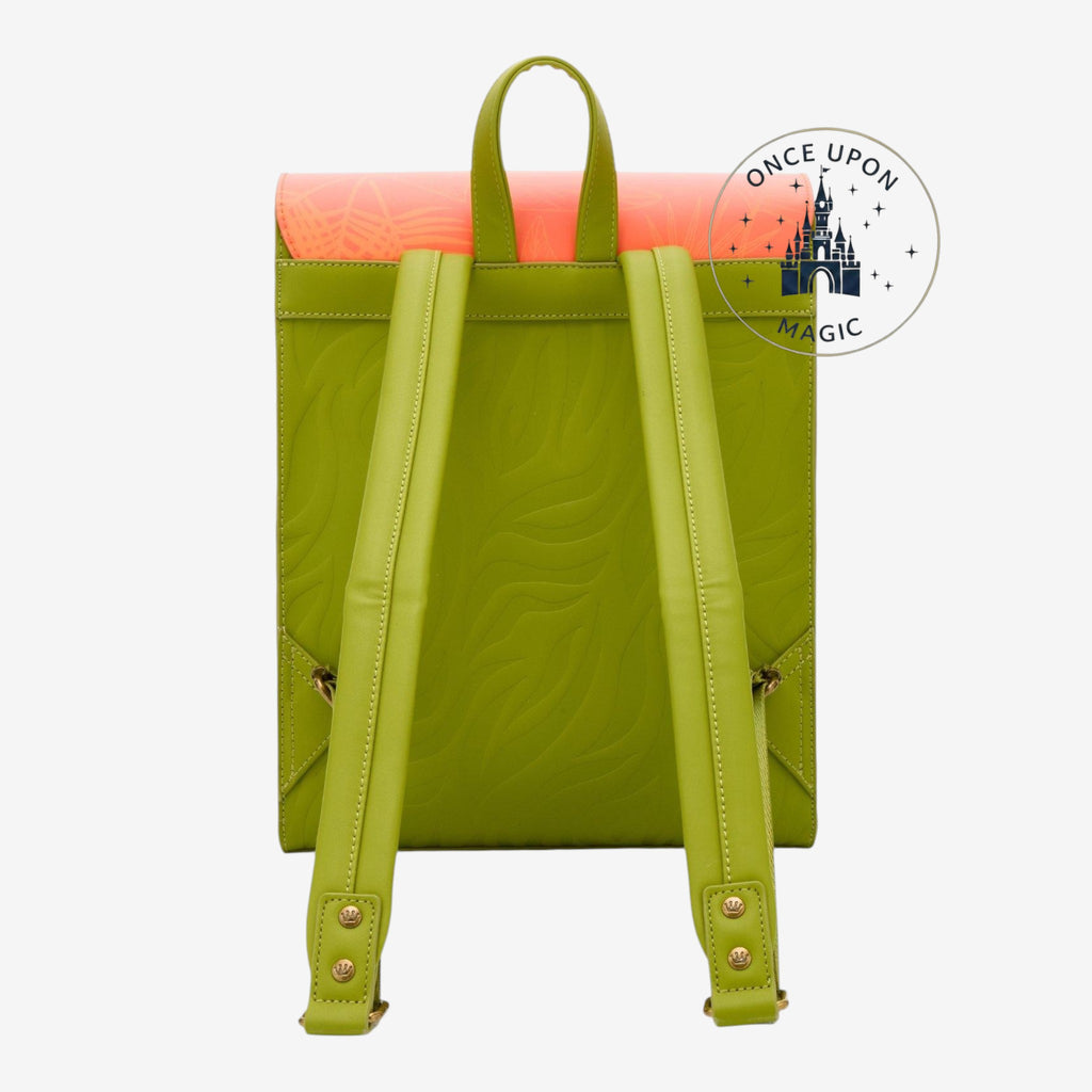 Once Upon Magic Disney The Lion King mini backpack with embossed leaf pattern in lime green and coral orange top.