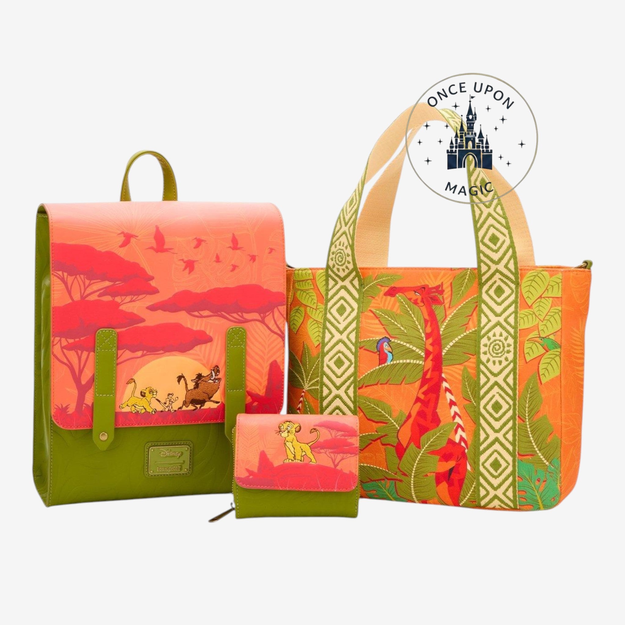 Once Upon Magic Disney The Lion King mini backpack, wallet, and tote bag with Simba, Timon, and Pumbaa design.