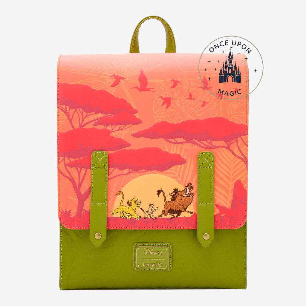 Once Upon Magic Disney The Lion King Simba, Timon & Pumbaa mini backpack. Features embroidered characters, embossed texture, and magnetic closure.