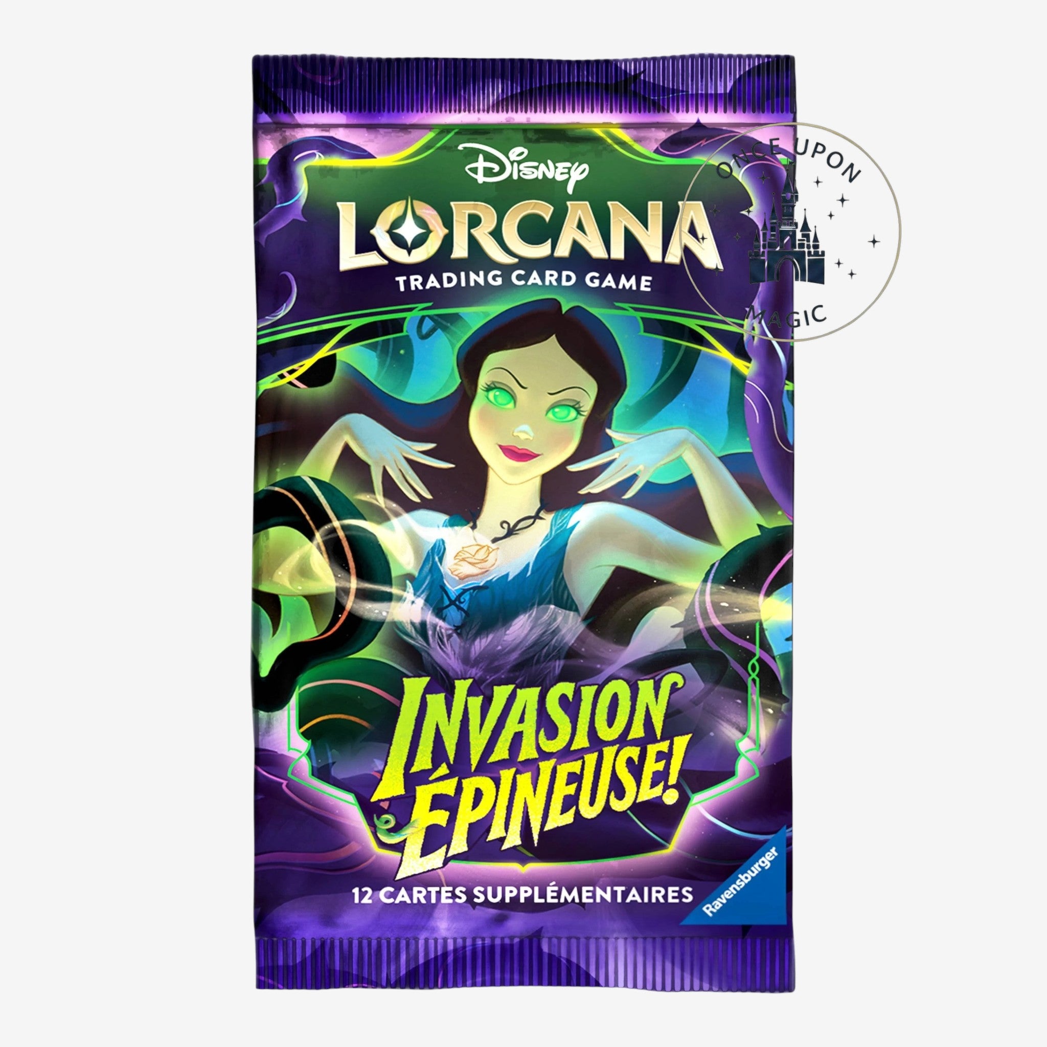 Once Upon Magic Disney Lorcana Invasion Epineuse booster pack featuring Maleficent artwork in purple and green tones.