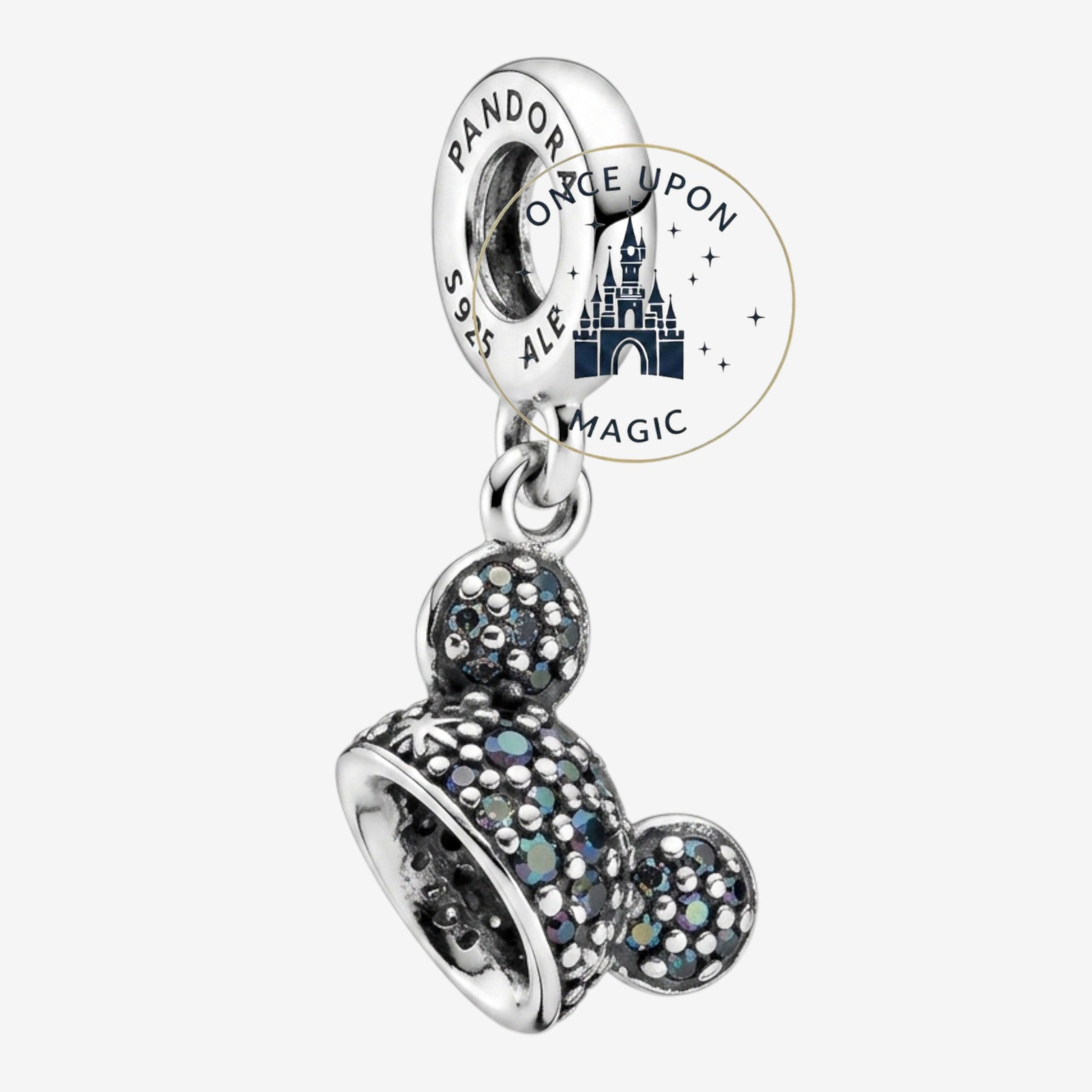 Once Upon Magic Disney Mickey Mouse head charm with blue and black cubic zirconia stones, sterling silver.