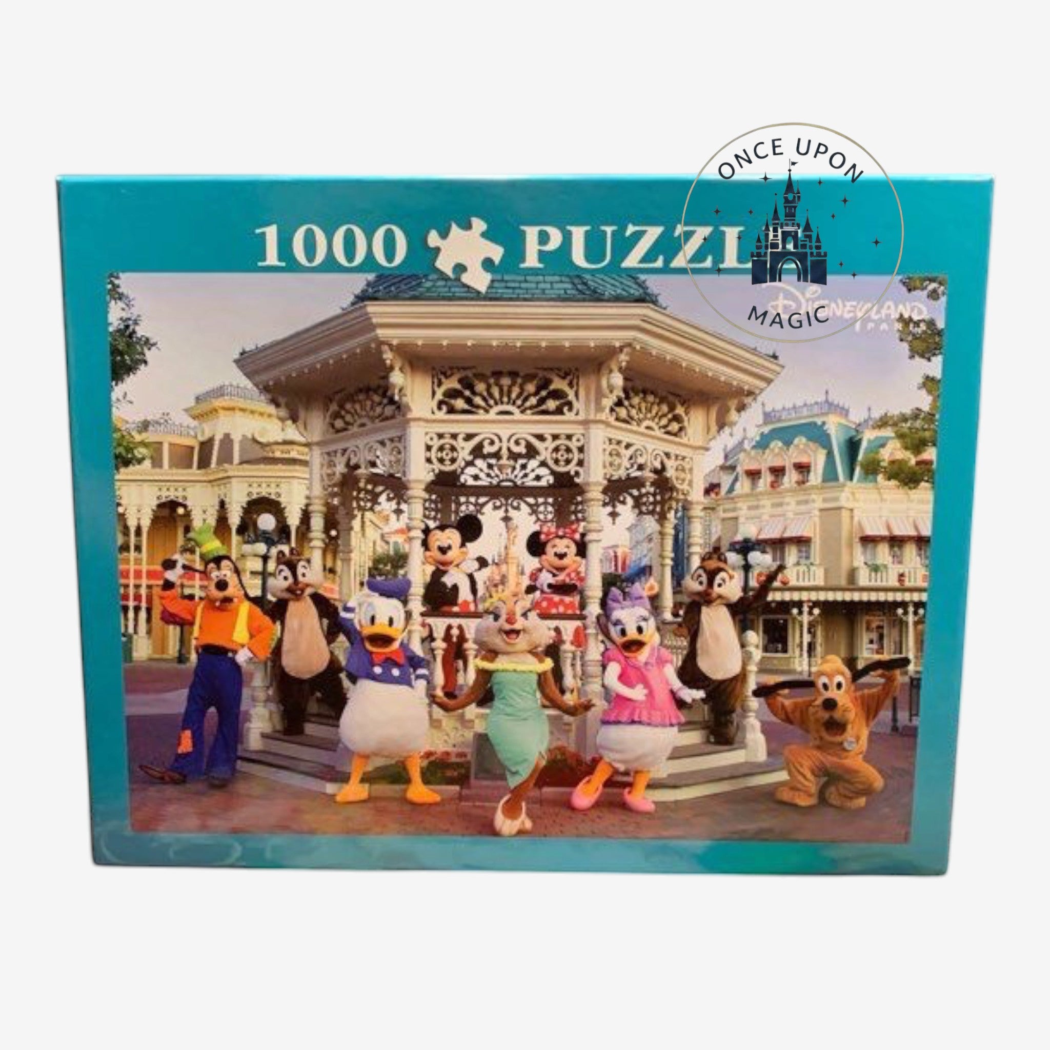Once Upon Magic 1000-piece Disney puzzle featuring Mickey and friends in front of a Disneyland Paris gazebo