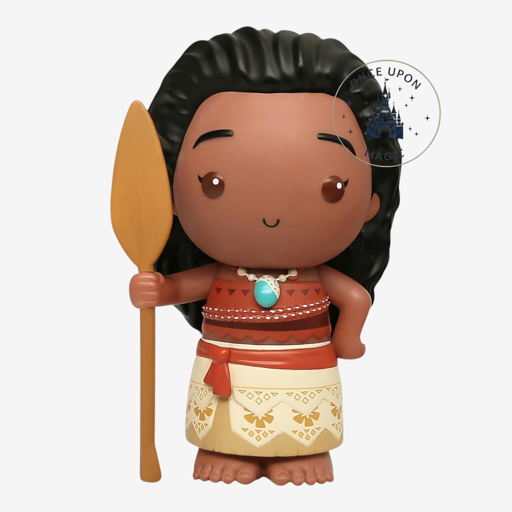 Once Upon Magic Disney Moana coin bank, holding a paddle, wearing traditional island attire with a turquoise necklace.