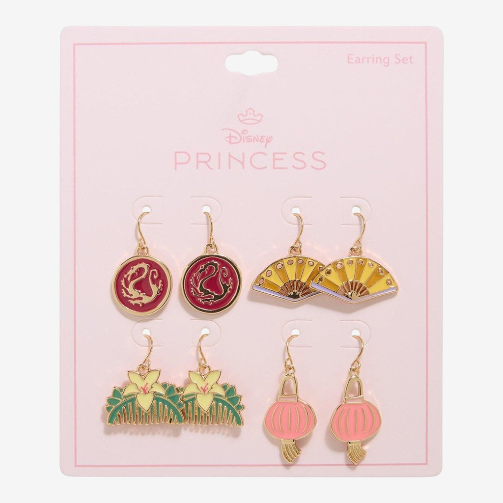 Once Upon Magic Disney Mulan Icons Drop Earring Set featuring dragon, fan, barrette, and lantern charms. Nickel-free alloy.