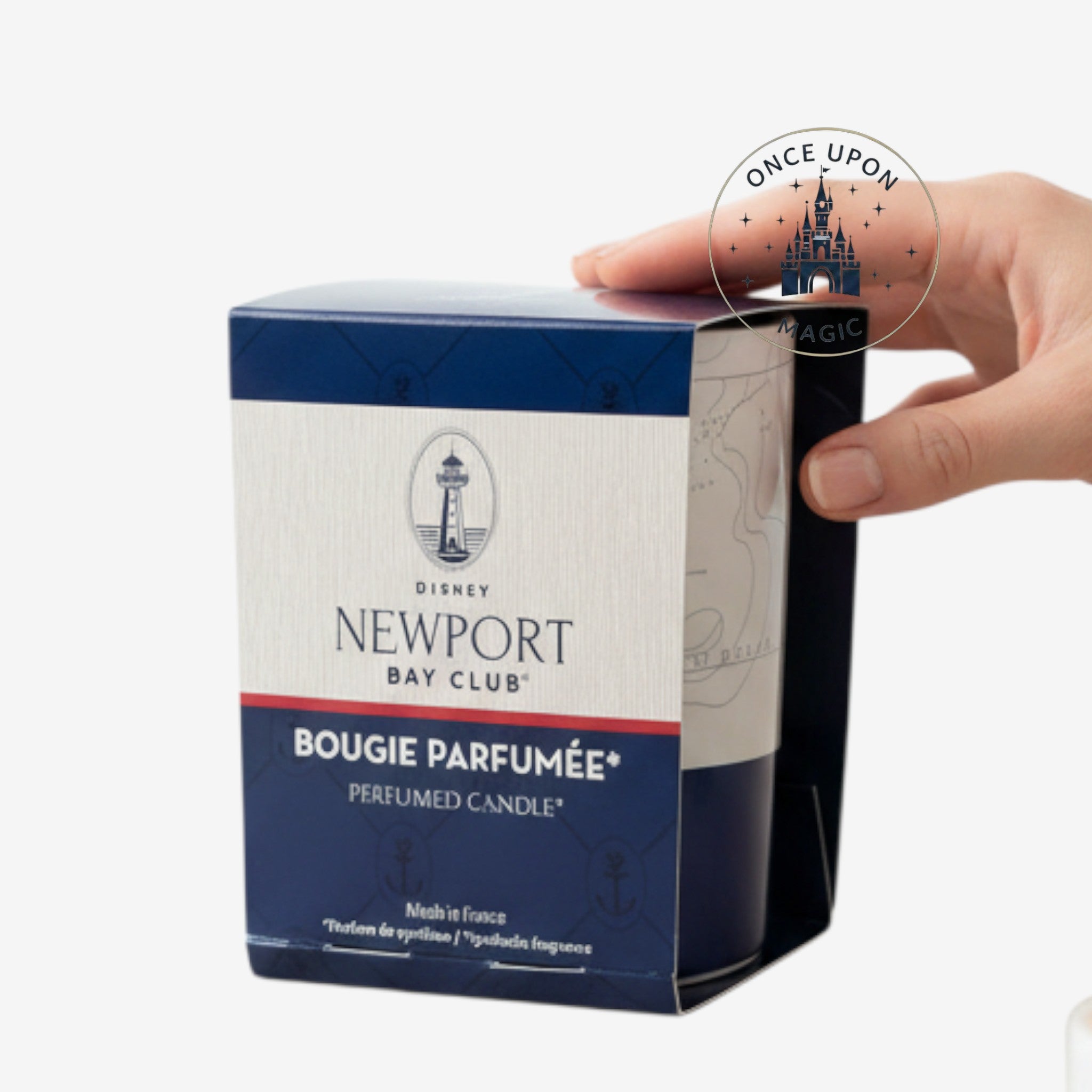Once Upon Magic Disney Newport Bay Club perfumed candle in a navy and white decorative container with nautical map details.