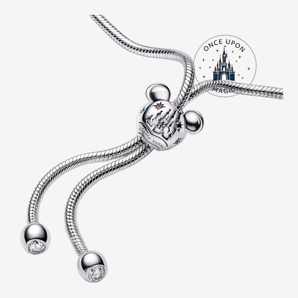 Once Upon Magic silver adjustable bracelet with Mickey Mouse head charm featuring Disneyland Paris castle and stars.