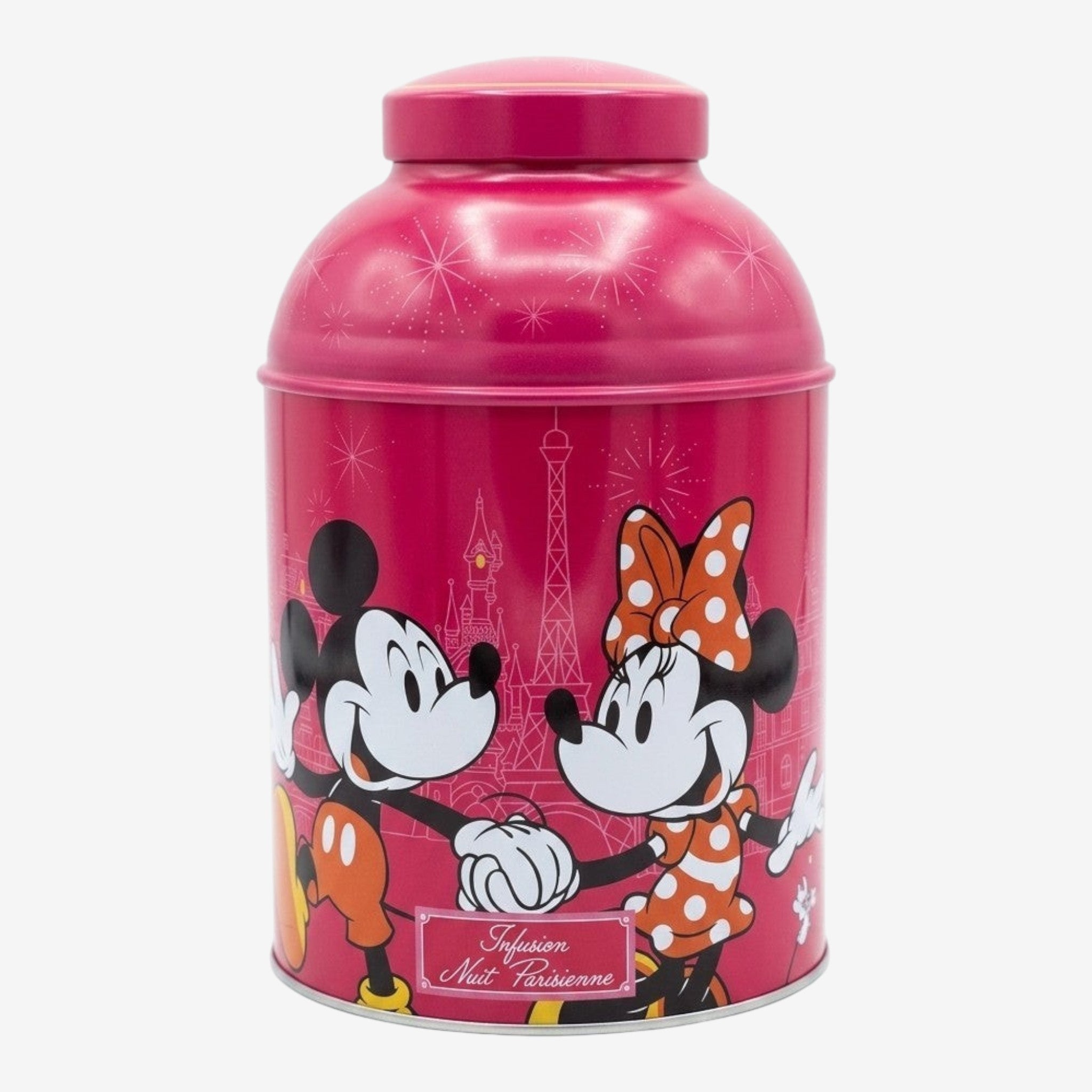Once Upon Magic pink metal tea tin featuring Mickey and Minnie Mouse in Paris with Eiffel Tower design.