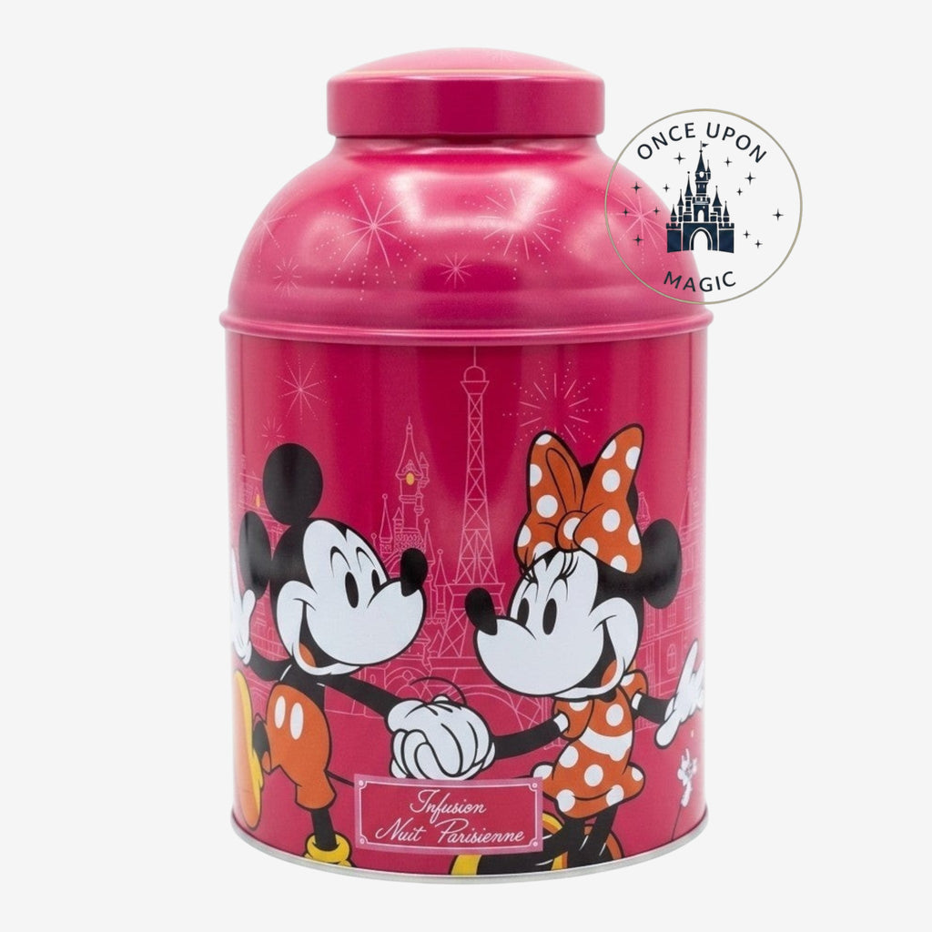 Once Upon Magic pink metal tea tin featuring Mickey and Minnie Mouse in Paris with Eiffel Tower design.