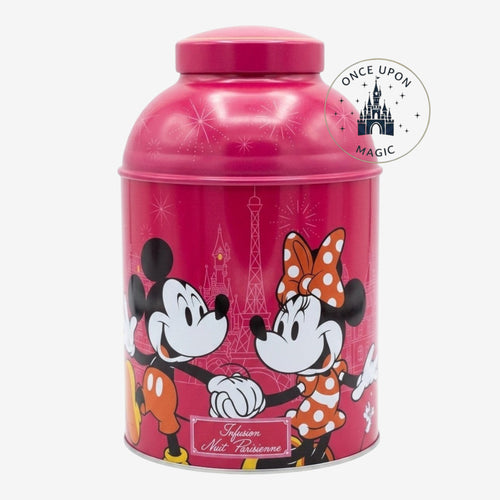 Once Upon Magic pink metal tea tin featuring Mickey and Minnie Mouse in Paris with Eiffel Tower design.