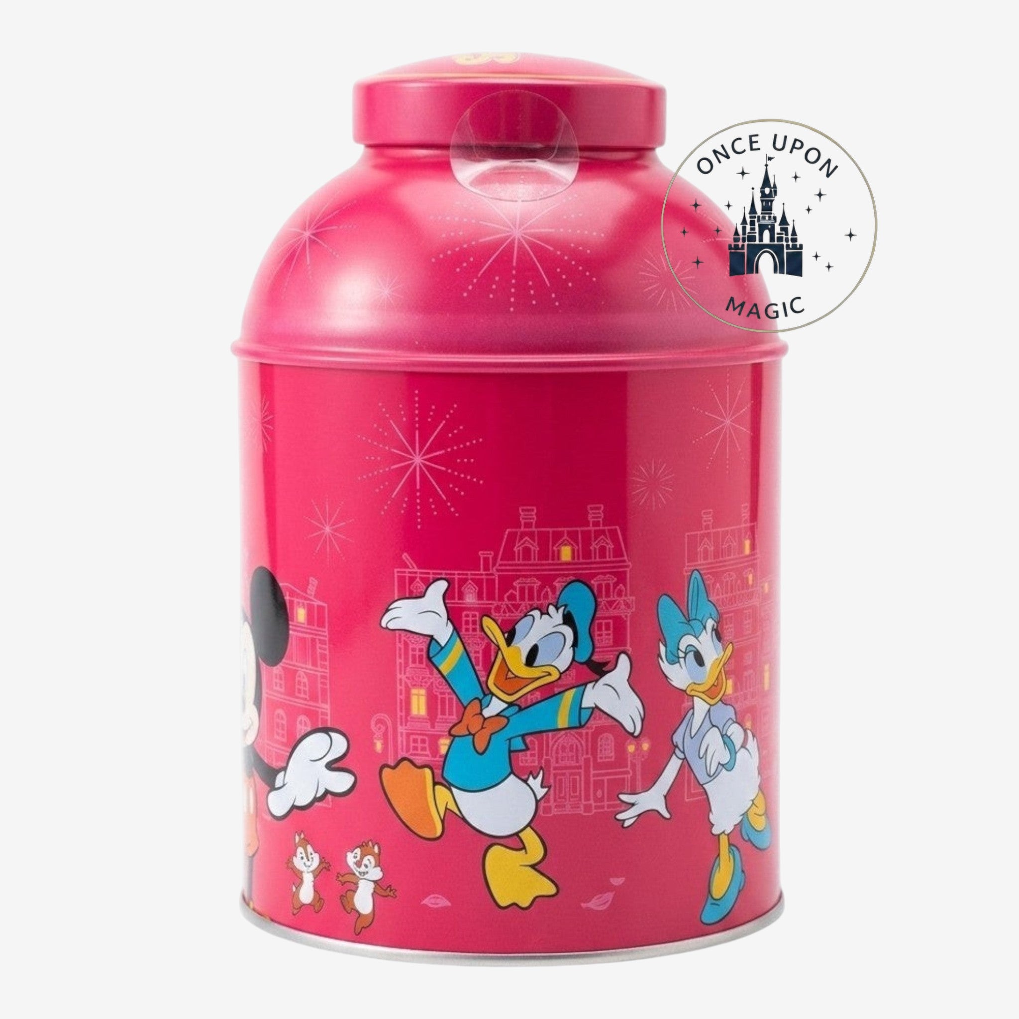 Once Upon Magic pink tin canister with Disney characters Mickey, Donald, Daisy, Chip 'n' Dale in Paris theme.
