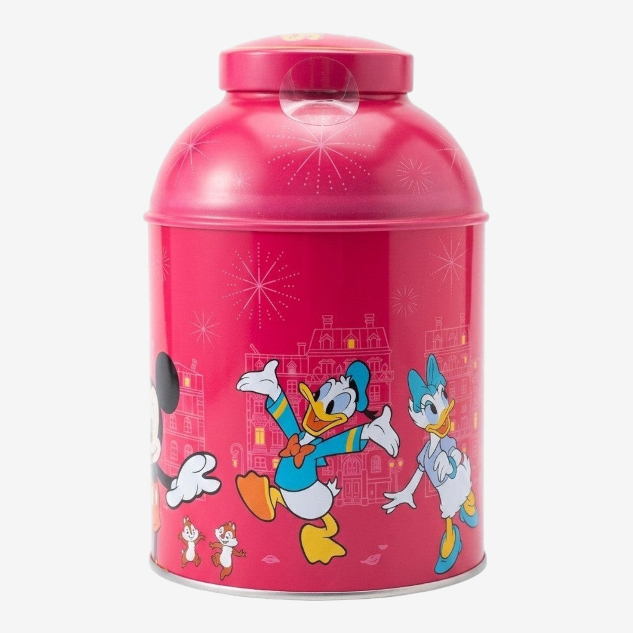 Once Upon Magic pink tin canister with Disney characters Mickey, Donald, Daisy, Chip 'n' Dale in Paris theme.