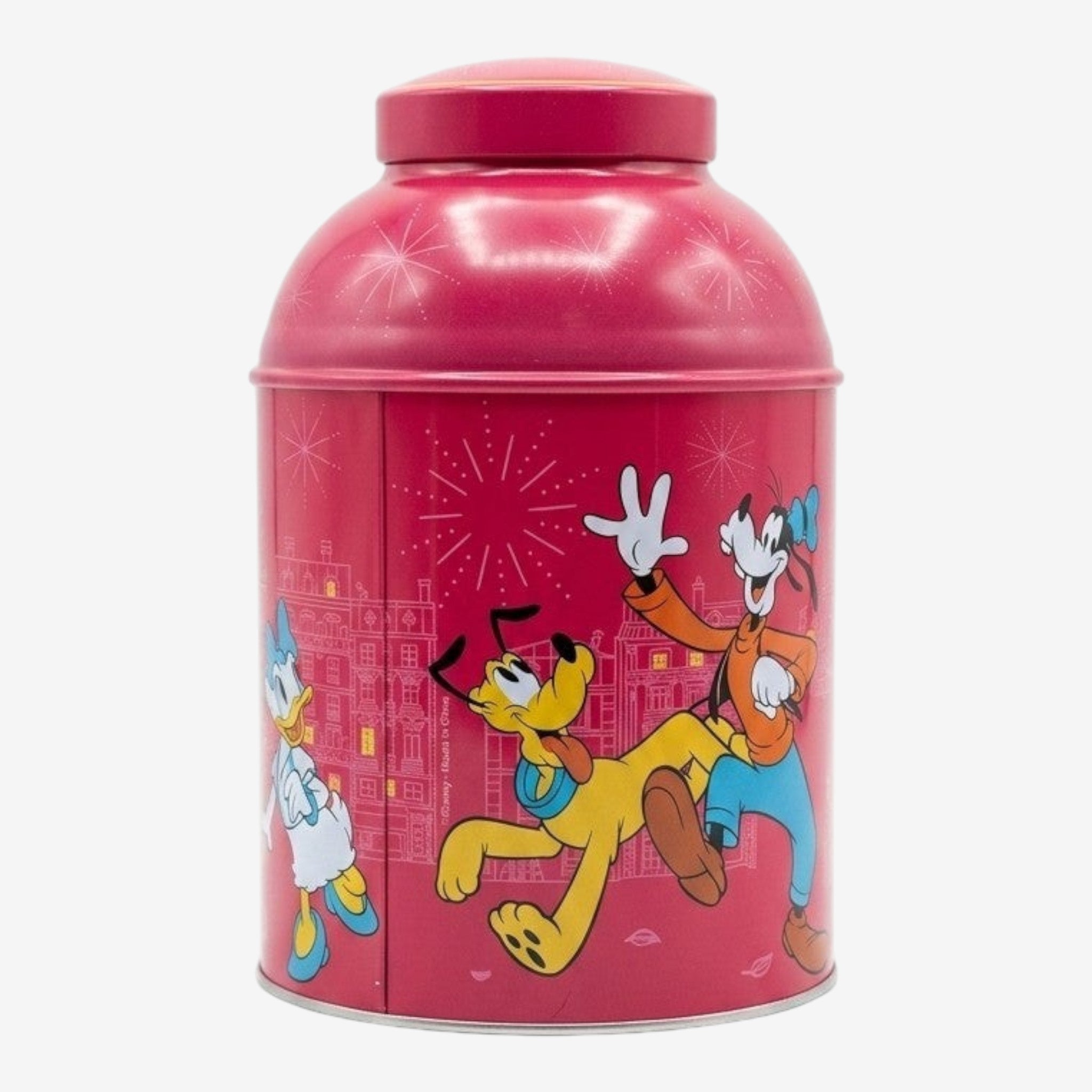 Once Upon Magic pink metal tea tin with Disney characters Pluto, Donald Duck, and Goofy in Paris. Features fireworks and city skyline.