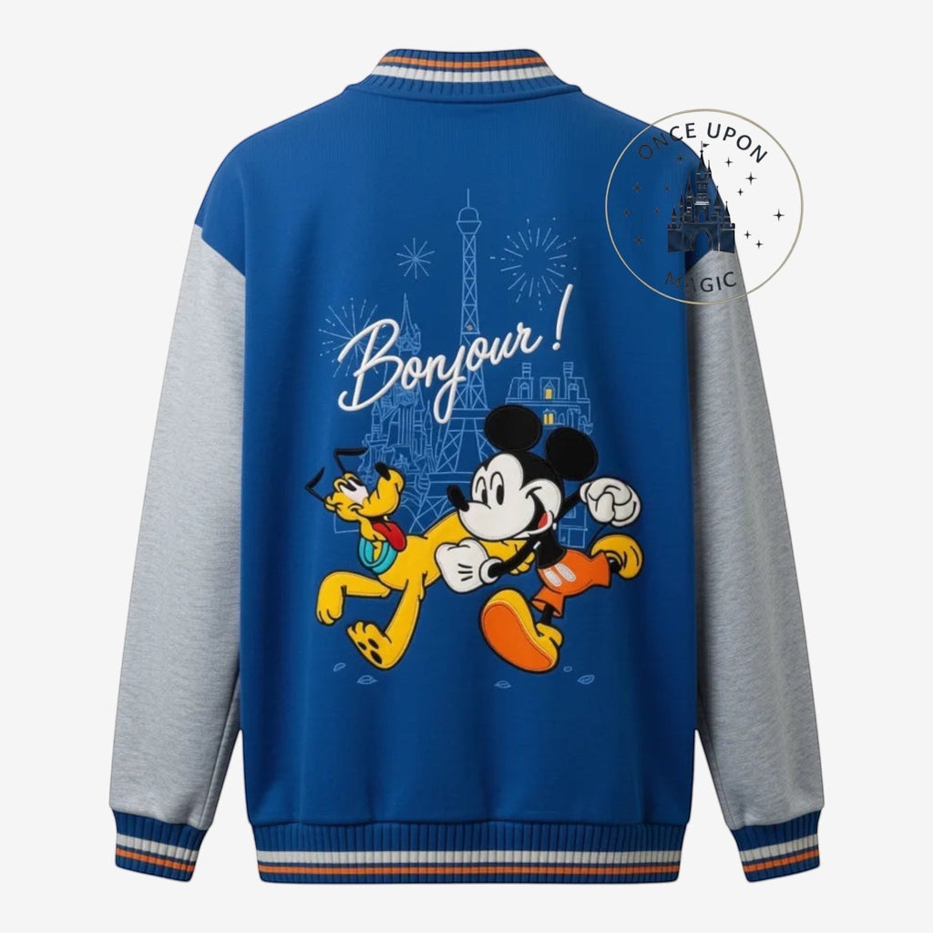 Once Upon Magic blue and grey child's teddy jacket with Mickey Mouse and Pluto graphic and "Bonjour!" text, Eiffel Tower graphic.