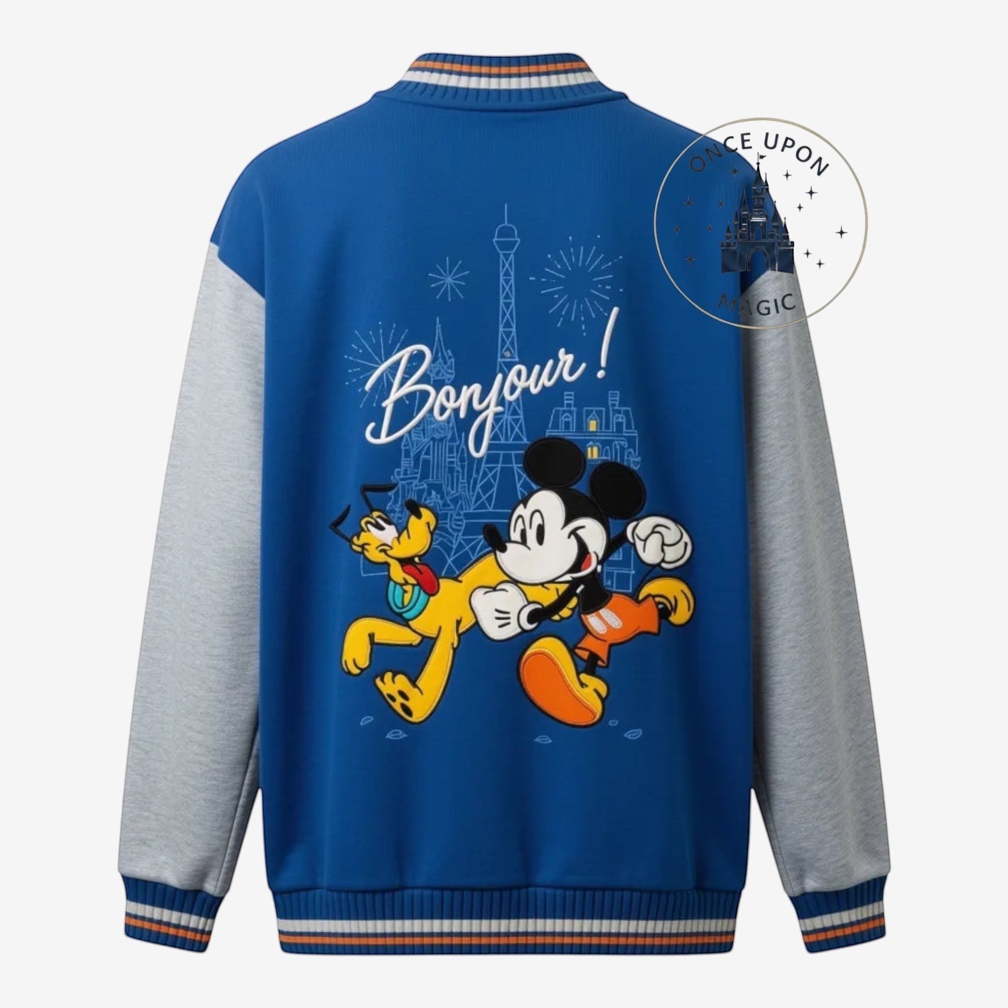Once Upon Magic blue and grey child's teddy jacket with Mickey Mouse and Pluto graphic and "Bonjour!" text, Eiffel Tower graphic.