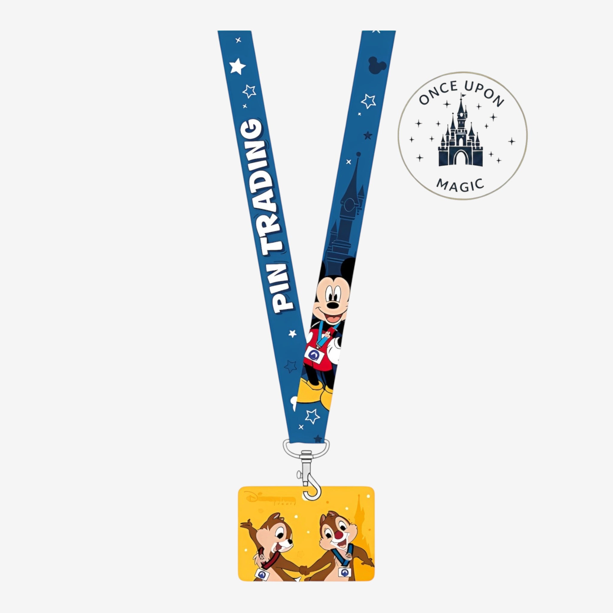 Once Upon Magic blue polyester lanyard with Mickey Mouse and Disneyland Paris castle graphic, reads "PIN TRADING". Includes yellow badge with Chip 'n' Dale.