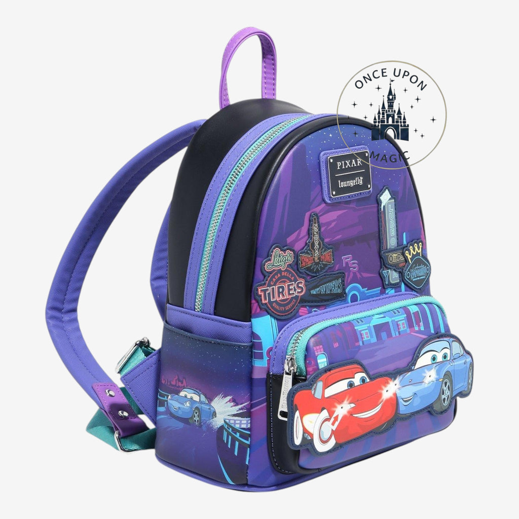 Once Upon Magic Disney Pixar Cars mini backpack with Lightning McQueen & Sally, featuring light-up headlights and Radiator Springs scenery.