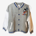 Once Upon Magic grey and white baseball jacket with pixelated Mickey Mouse graphic on chest and Disneyland Paris text.
