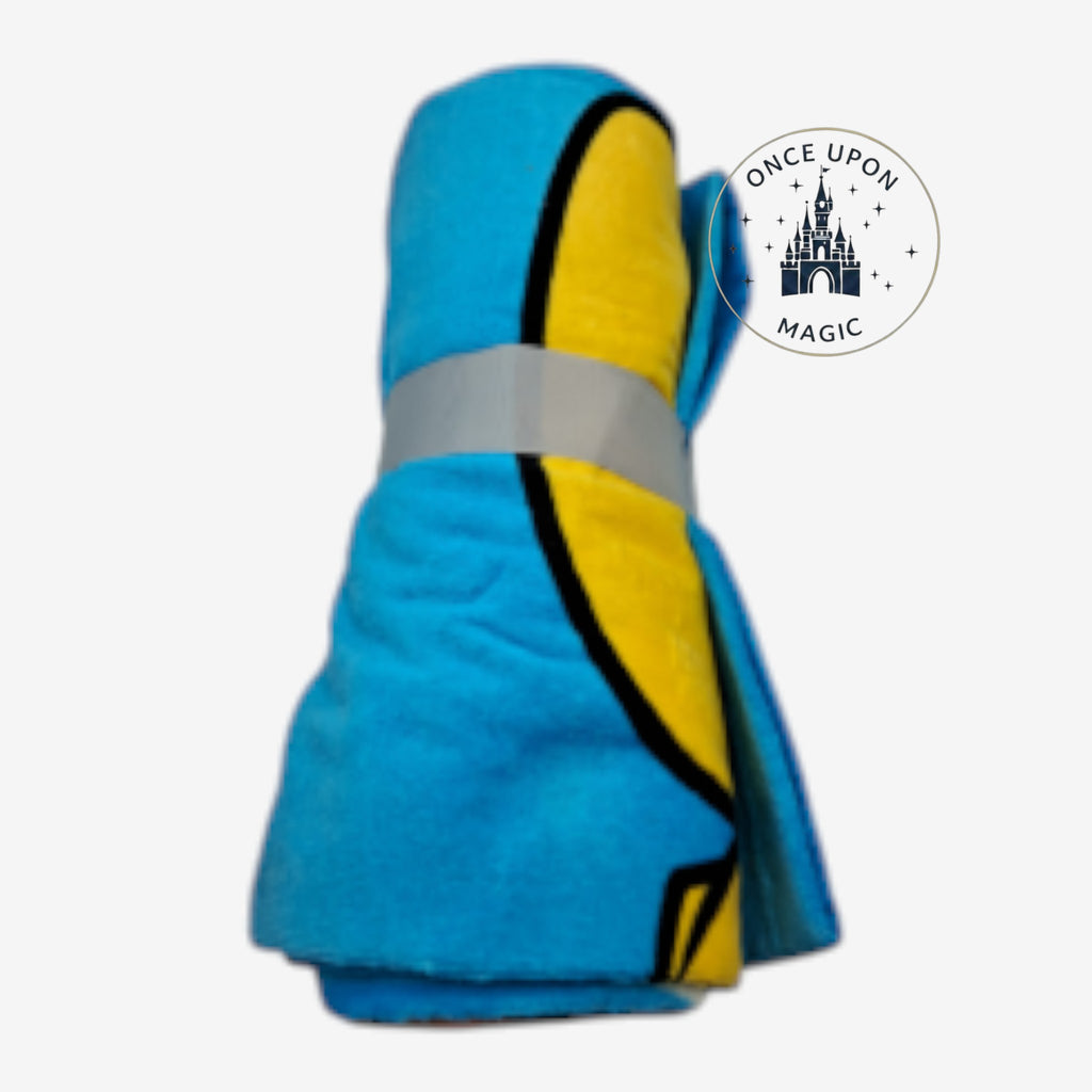 Once Upon Magic soft plush throw blanket featuring vibrant blue and yellow Disney character graphics rolled up