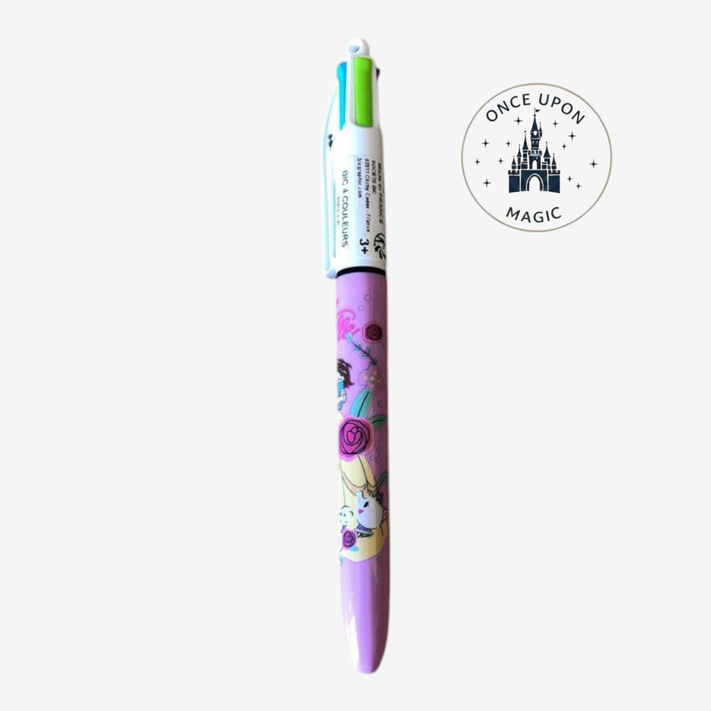 Once Upon Magic Disney Princess Belle multi-color retractable ballpoint pen with floral motifs on a purple barrel