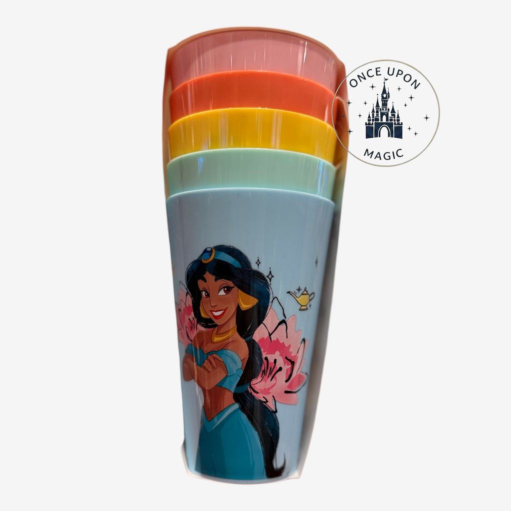 Once Upon Magic set of 5 Princess Jasmine cups in pastel colors: blue, mint, yellow, orange, and pink. Stackable plastic cups for kids.