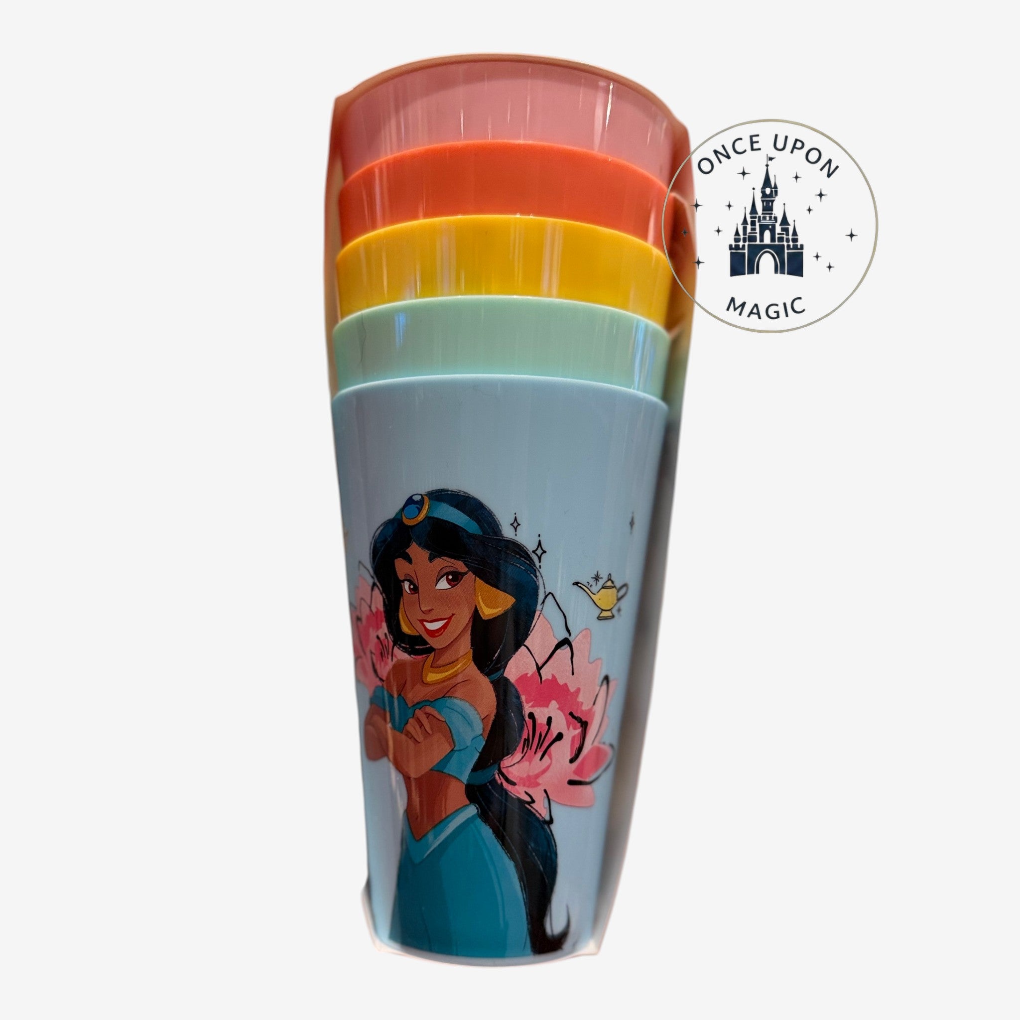 Once Upon Magic set of 5 Princess Jasmine cups in pastel colors: blue, mint, yellow, orange, and pink. Stackable plastic cups for kids.