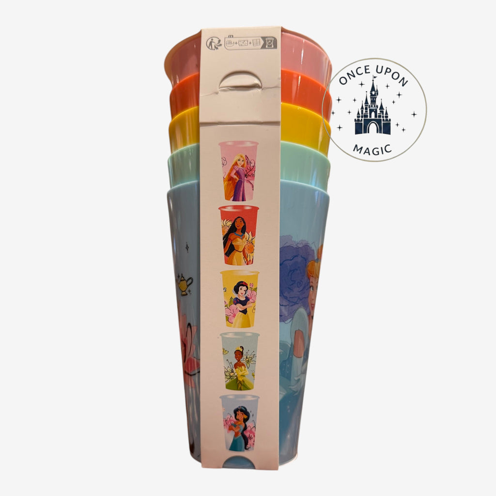 Once Upon Magic set of 5 Disney Princess cups in pastel colors, featuring Rapunzel, Pocahontas, Belle, Tiana, and Jasmine.