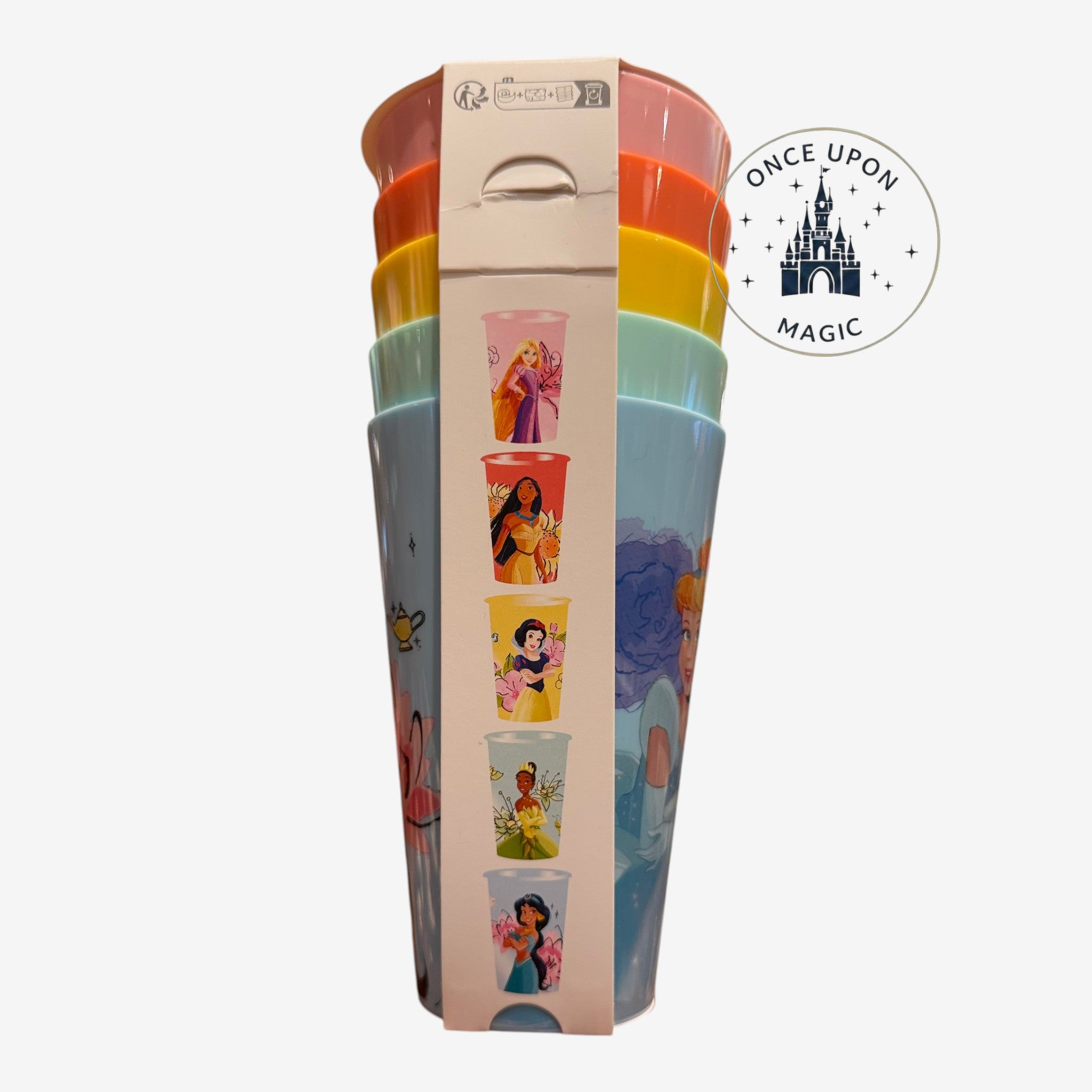 Once Upon Magic set of 5 Disney Princess cups in pastel colors, featuring Rapunzel, Pocahontas, Belle, Tiana, and Jasmine.