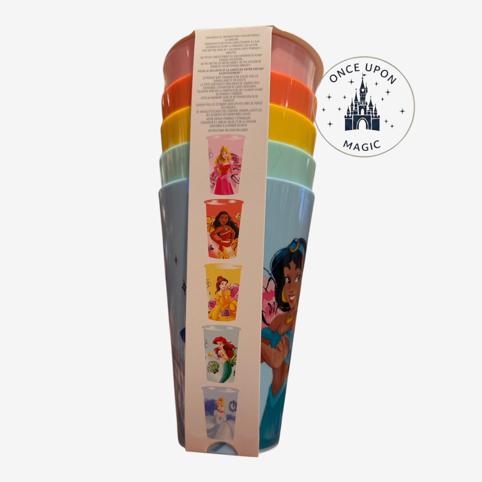 Once Upon Magic set of 5 Disney Princess cups in pastel colors: pink, orange, yellow, mint, and blue. Features Moana, Belle, Ariel, Cinderella, and Jasmine.