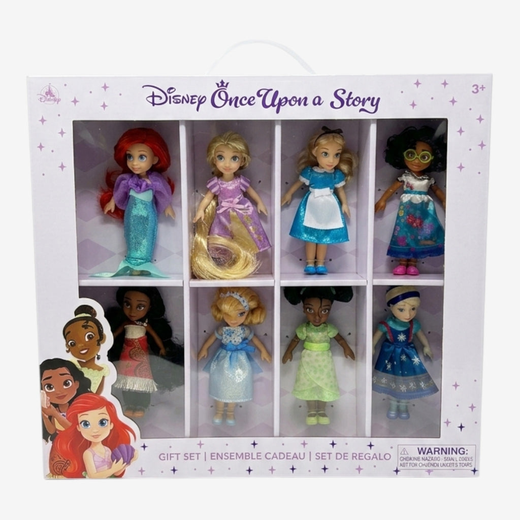 Once Upon Magic Disney Once Upon a Story 8 Princesses gift set featuring Ariel, Elsa, Jasmine, Cinderella, Belle, Tiana, Rapunzel, and Moana in pastel packaging.